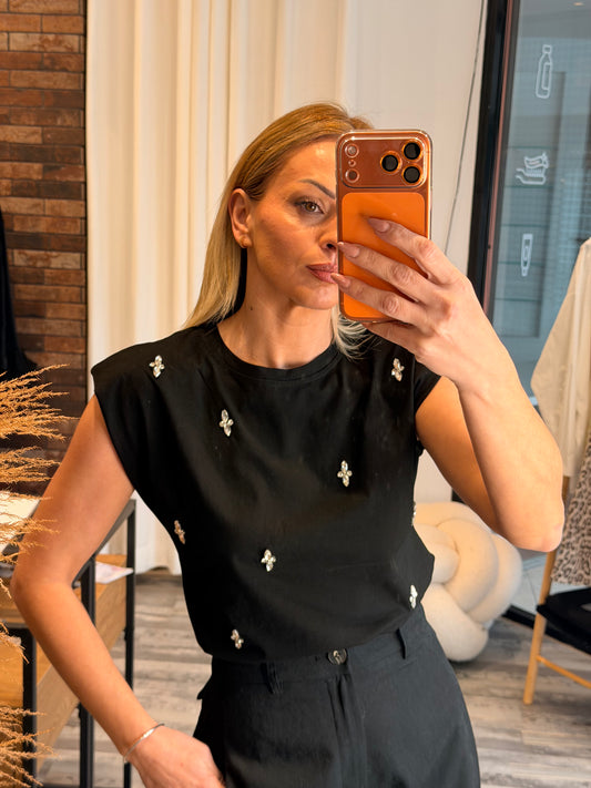 Βαμβακερή μπλούζα με βάτες και πέτρες μαύρη