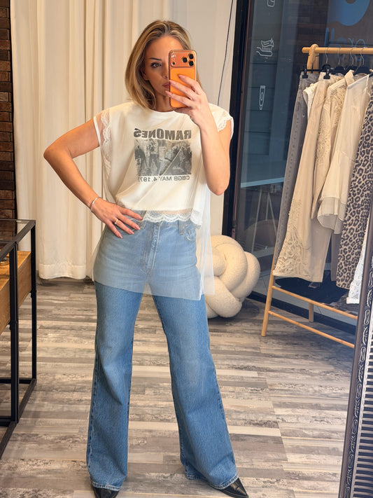 Μπλούζα crop top με τούλι λευκή