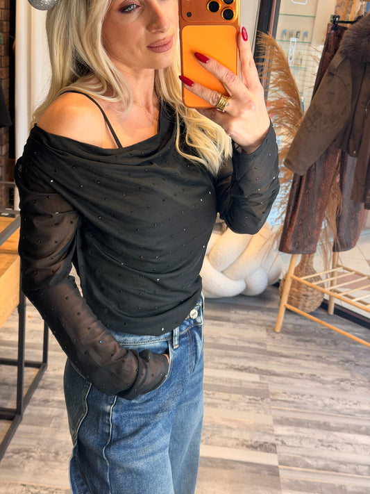 Ντραπέ Μπλουζάκι με Διάφανα Μανίκια