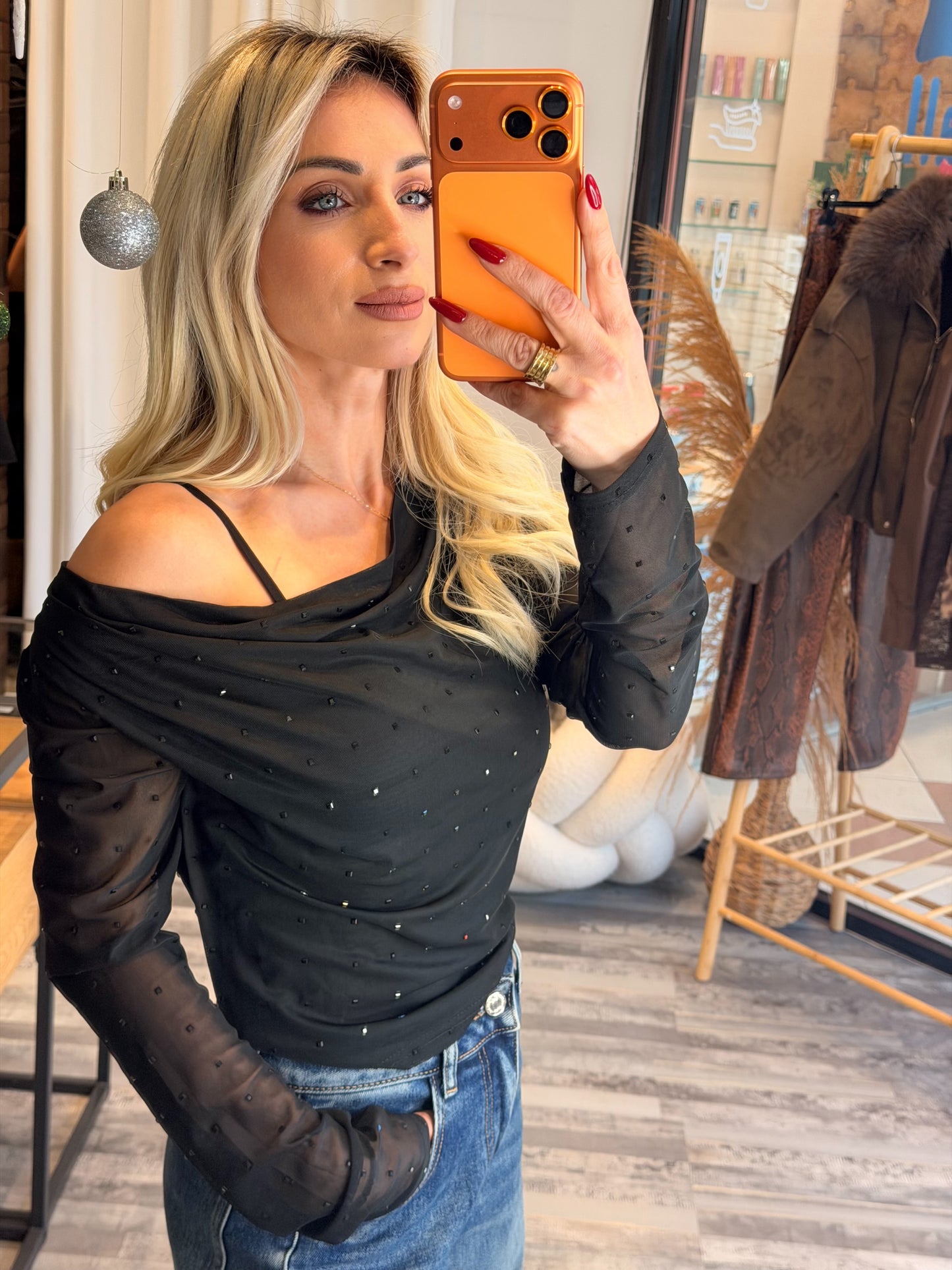 Ντραπέ Μπλουζάκι με Διάφανα Μανίκια