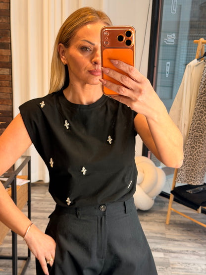 Βαμβακερή μπλούζα με βάτες και πέτρες  μαύρη