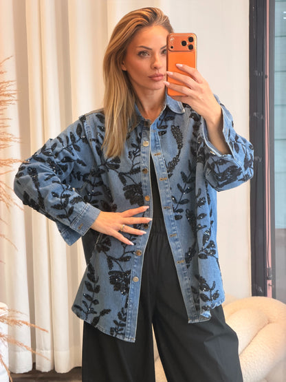 Τζιν πουκάμισο με μαύρες πέτρες