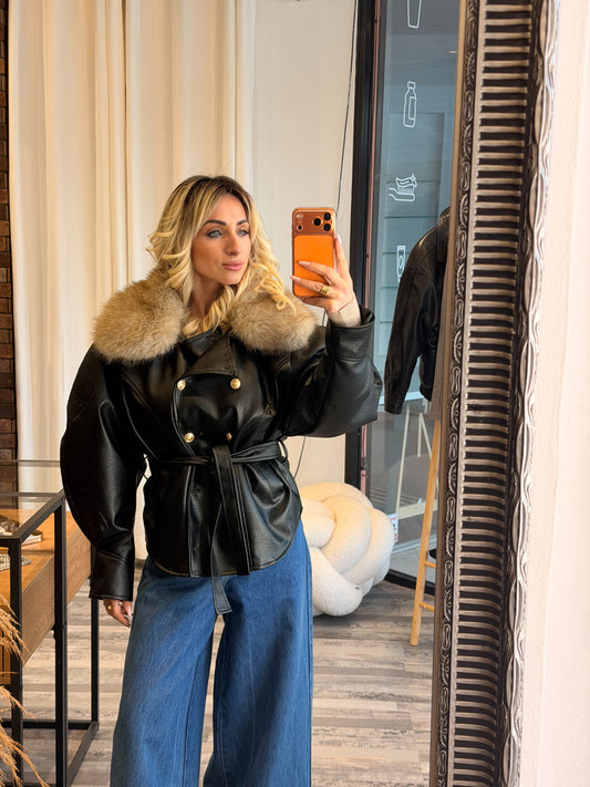 Eco leather jacket με γούνα στο γιακά