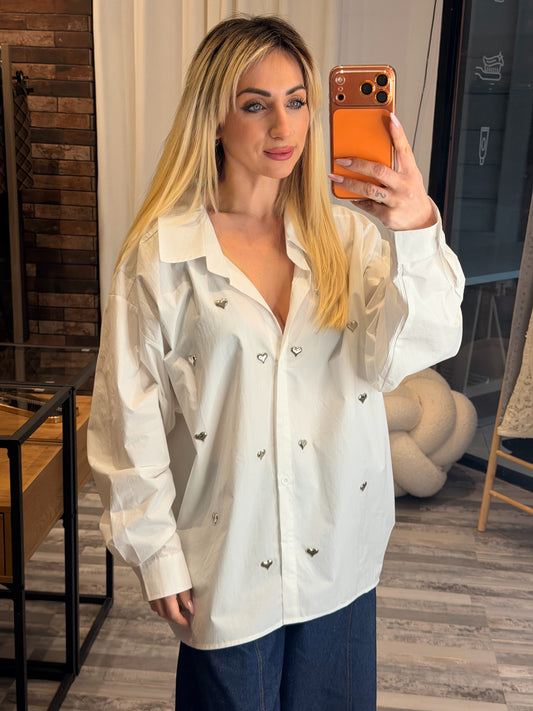 Oversized πουκάμισο με καρδιές λευκό