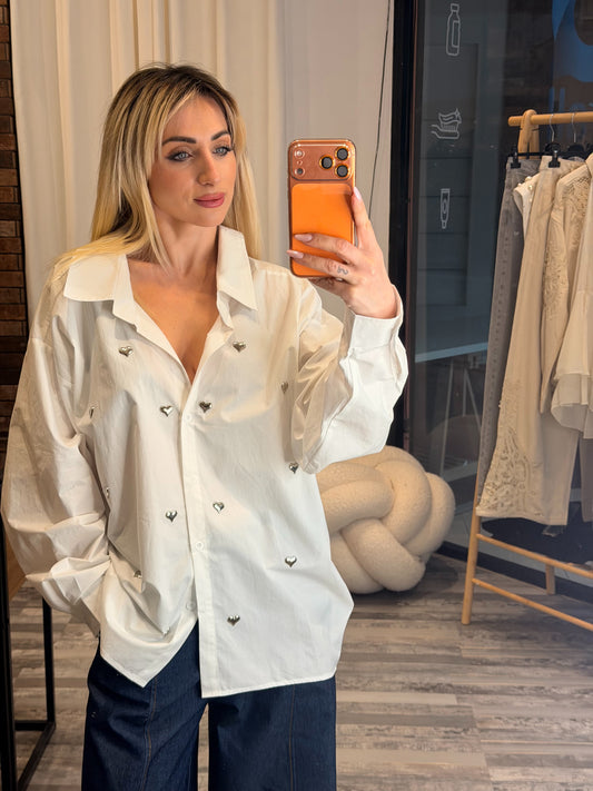 Oversized πουκάμισο με καρδιές λευκό