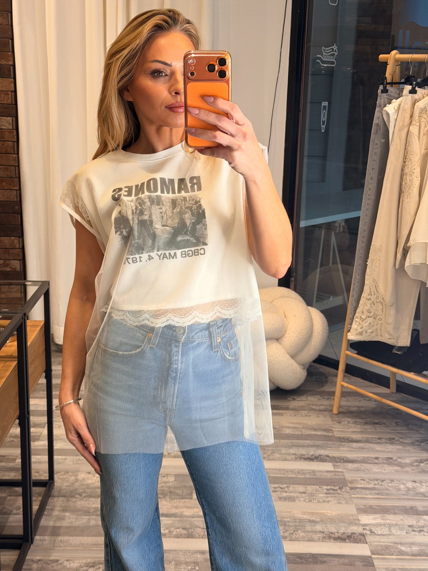 Μπλούζα crop top με τούλι λευκή