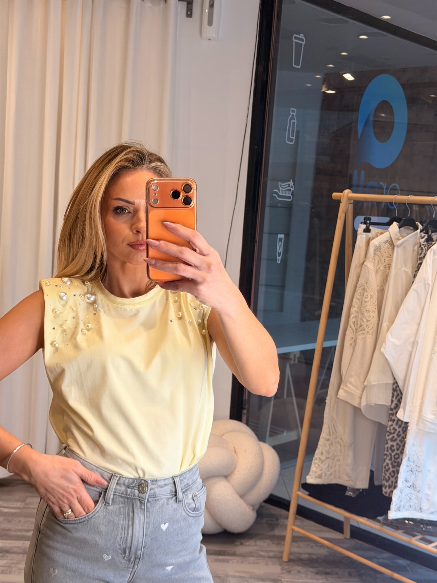 Τοπ με βάτες και πέρλες κίτρινο