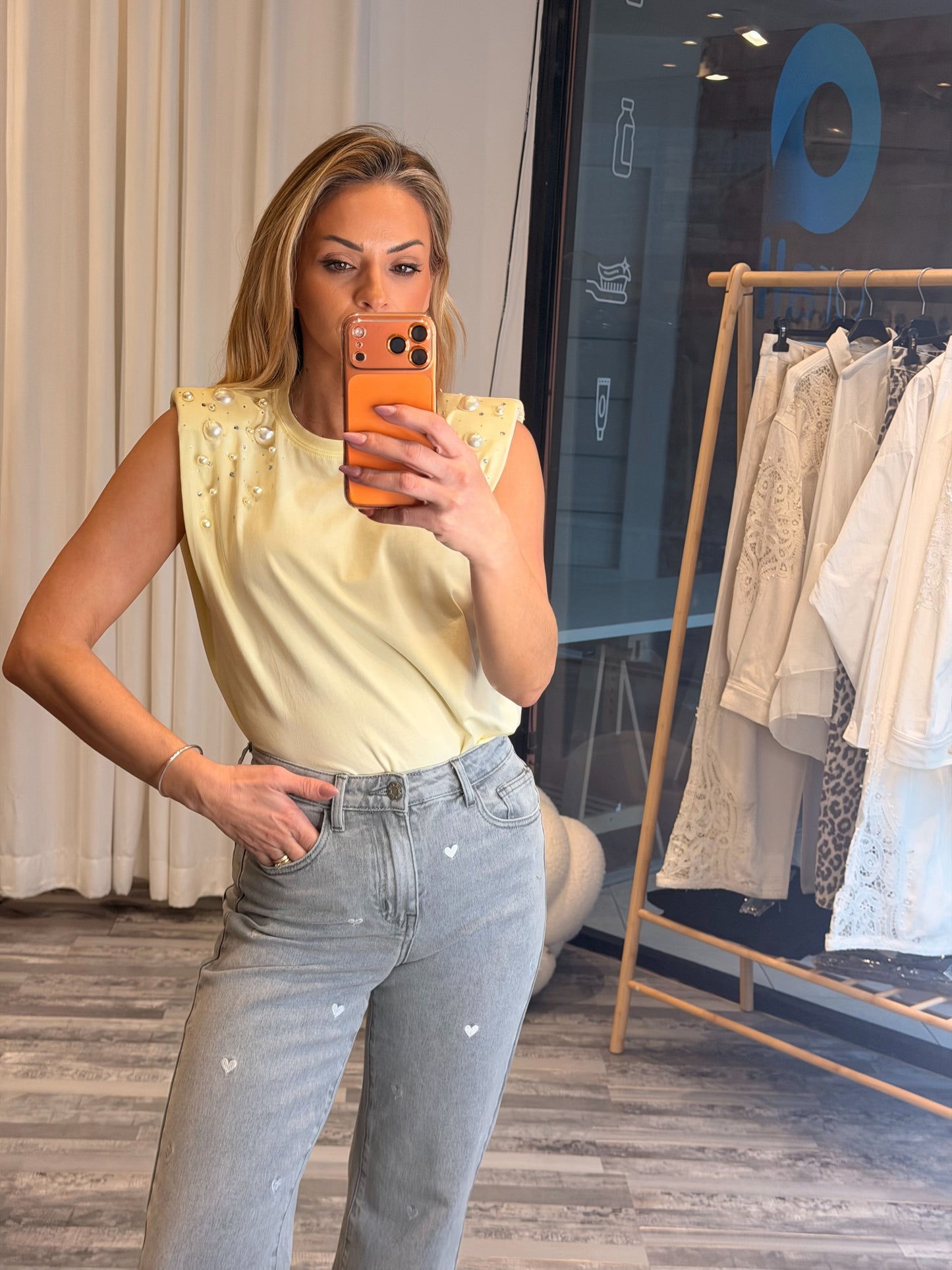 Τοπ με βάτες και πέρλες κίτρινο