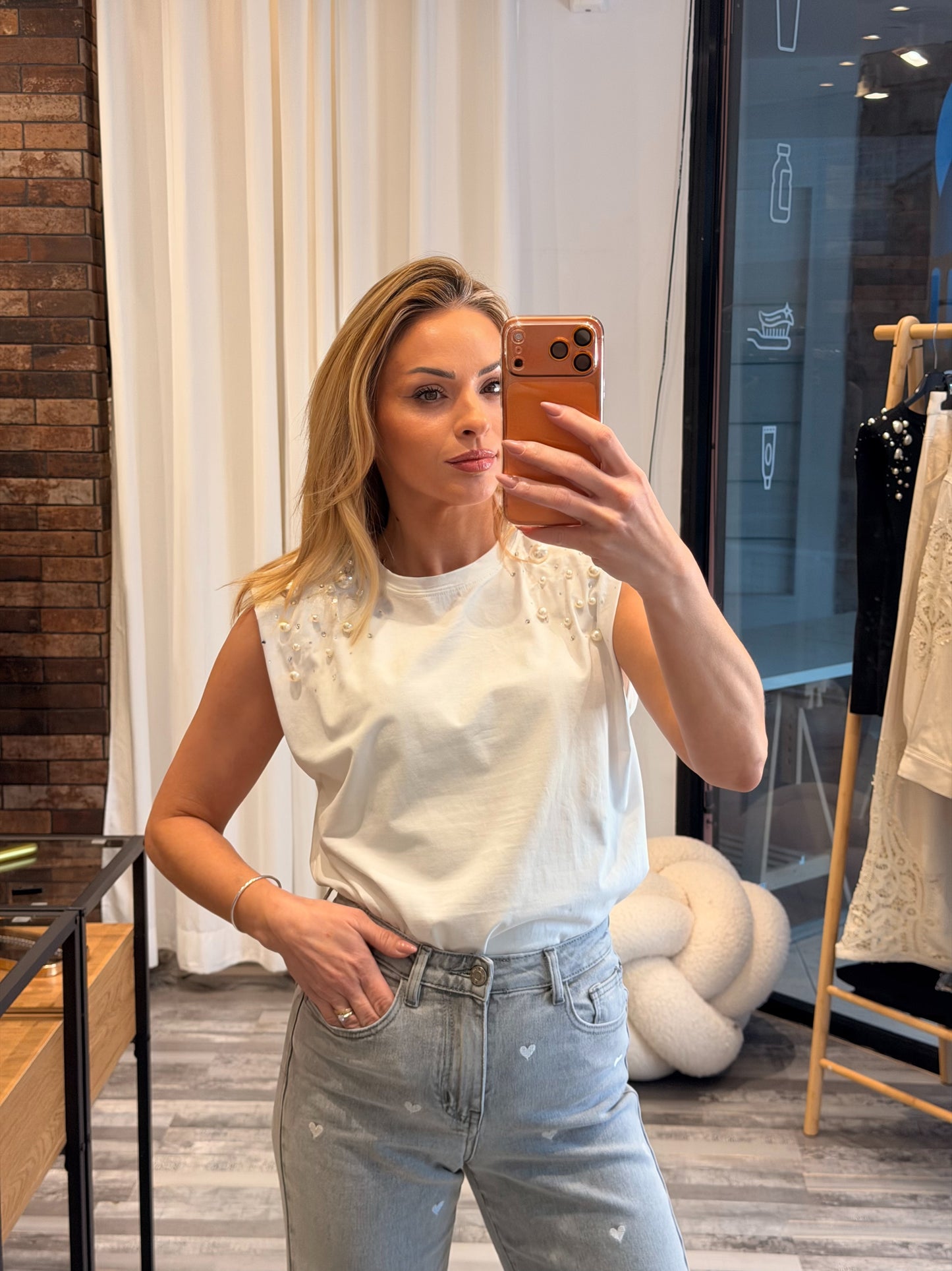 Τοπ με βάτες και πέρλες λευκό