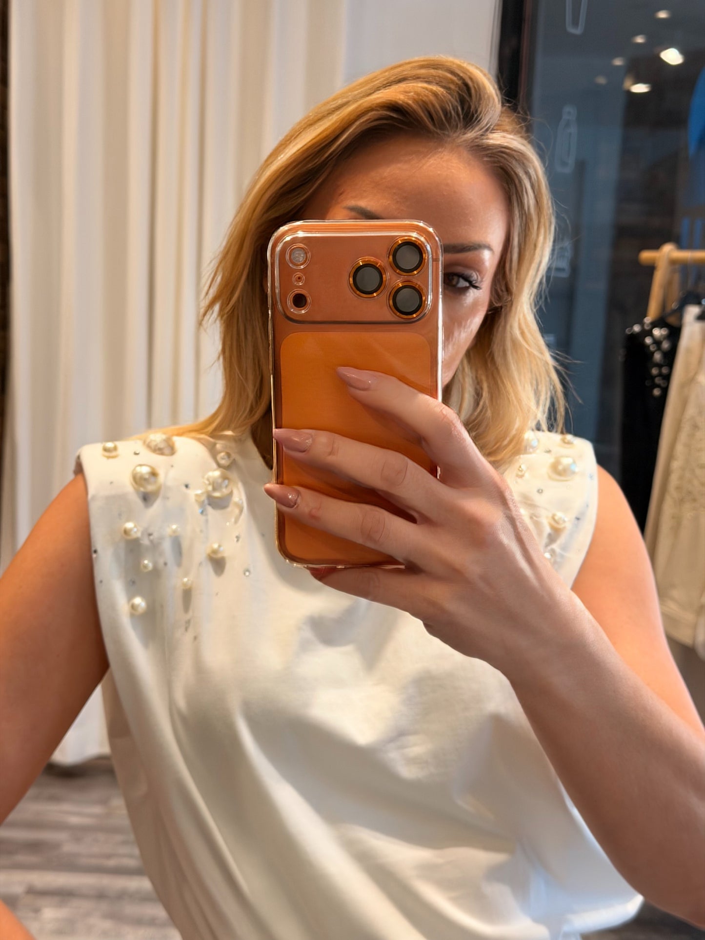 Τοπ με βάτες και πέρλες λευκό