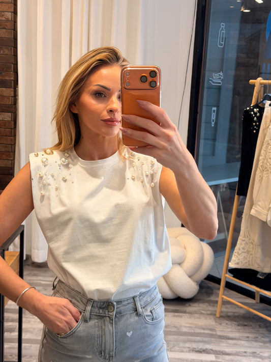 Τοπ με βάτες και πέρλες λευκό