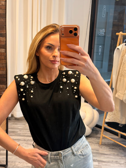 Τοπ με βάτες και πέρλες μαύρο