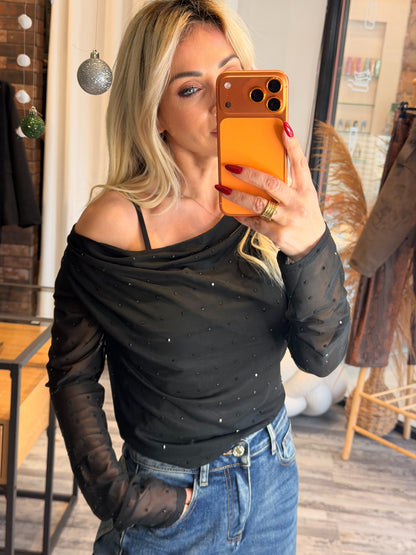 Ντραπέ Μπλουζάκι με Διάφανα Μανίκια