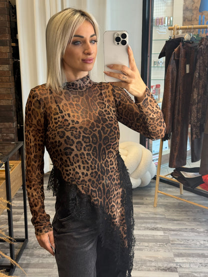 Ασύμμετρη Animal Print Μπλούζα με Δαντέλα
