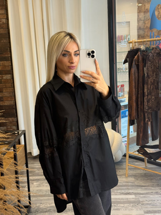 Πουκάμισο Ποπλίνας με Δαντέλα στη Μέση