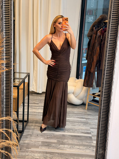 Maxi Φόρεμα με Σούρες και Διαφάνεια