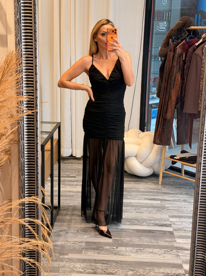 Maxi Φόρεμα με Σούρες και Διαφάνεια