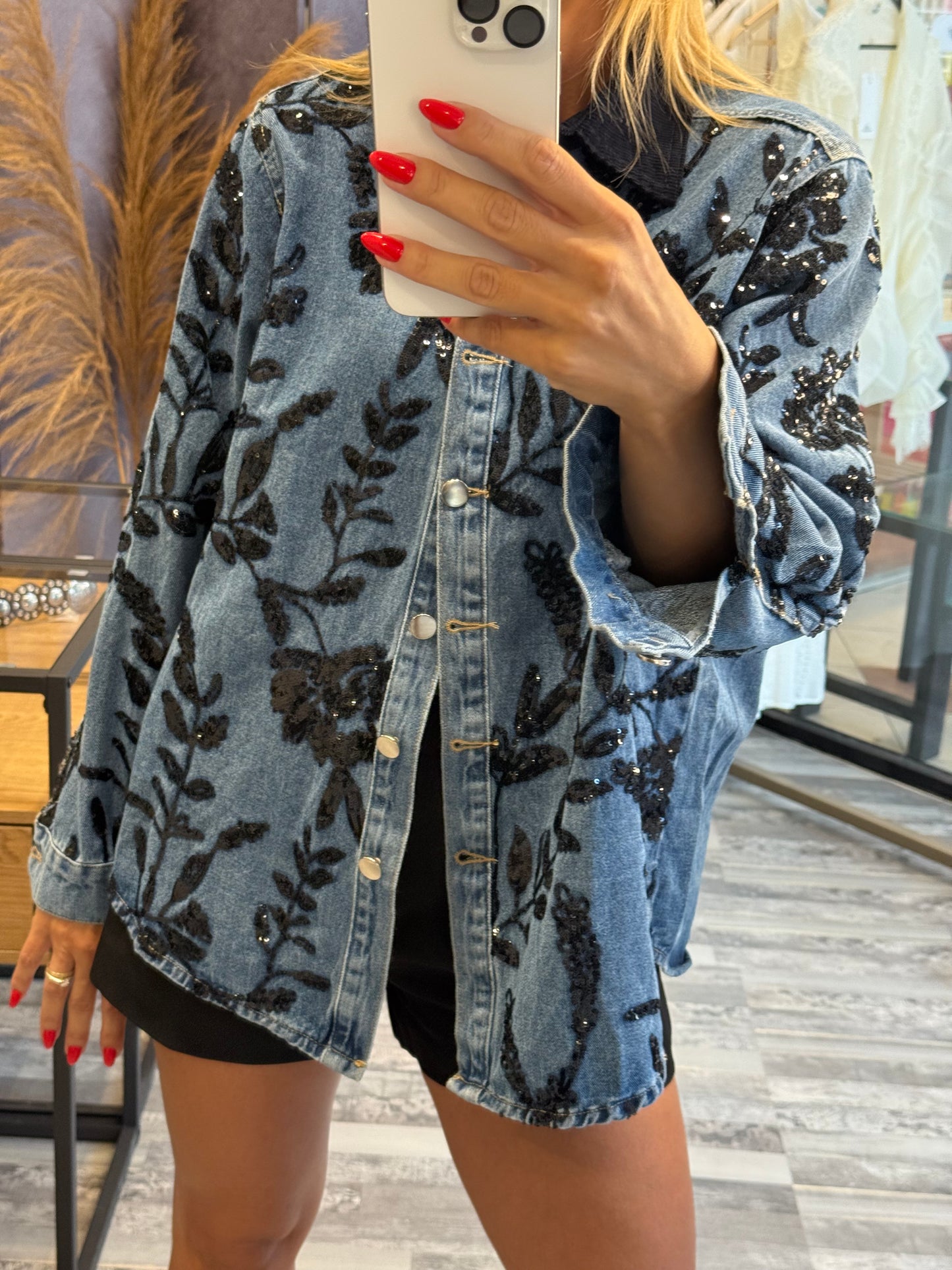 Τζιν Πουκάμισο με Floral Παγιέτες