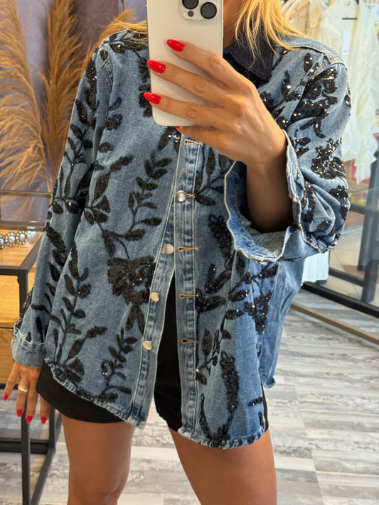 Τζιν Πουκάμισο με Floral Παγιέτες