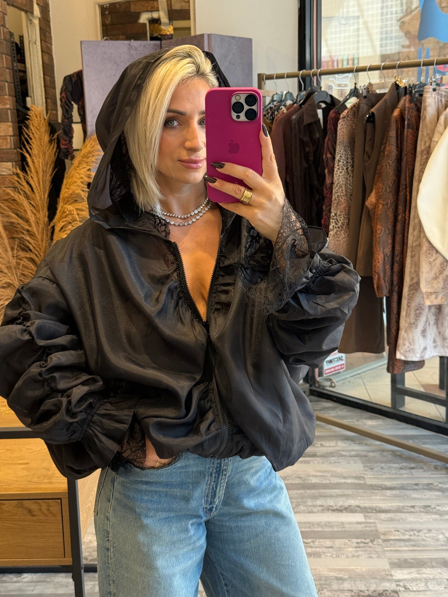 Bomber Jacket με Δαντέλα & Κουκούλα