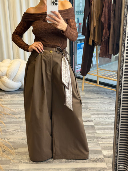 Καφέ Παντελόνι Balloon με Πιέτες