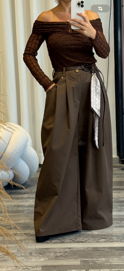 Καφέ Παντελόνι Balloon με Πιέτες